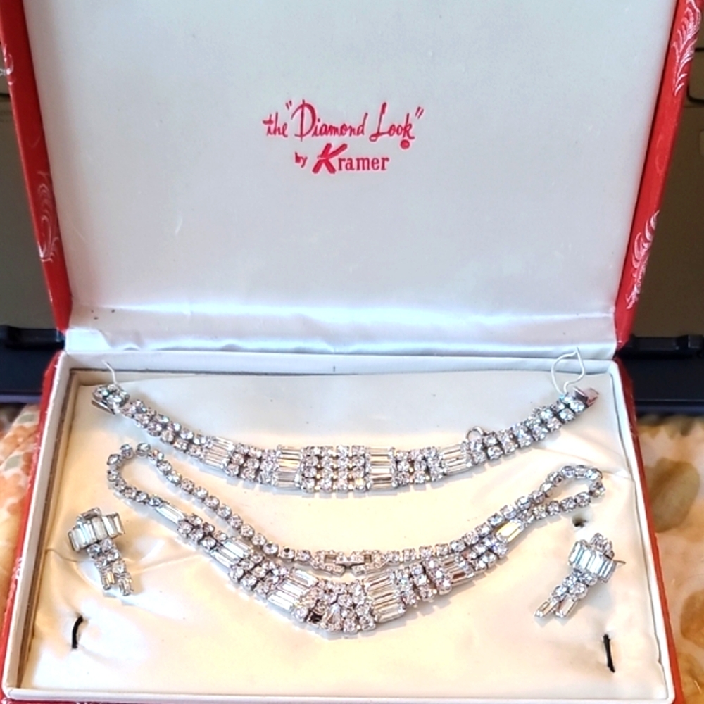 1952 Kramer NYC "The Diamond Look" 3-Item Jewelry Set In Box! Incredible!